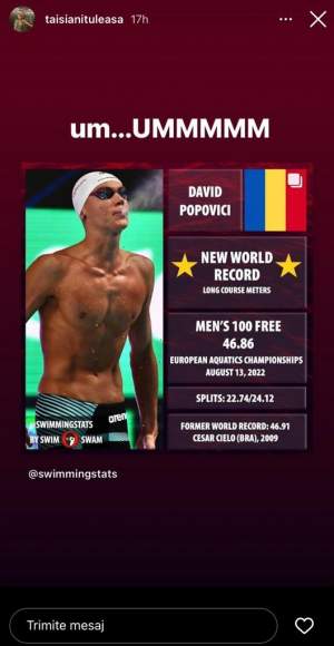 Ce reacție a avut iubita lui David Popovici, după ce campionul a devenit cel mai rapid înotător din lume / FOTO