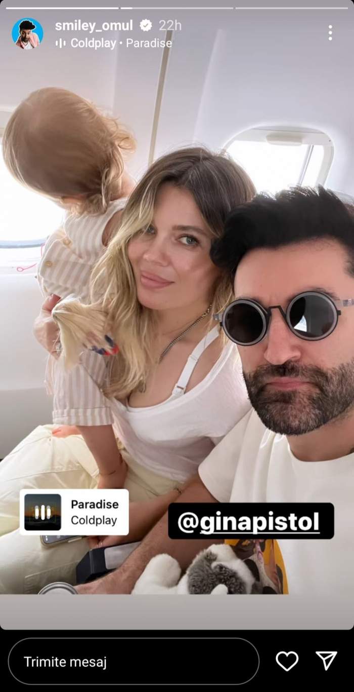 Gina Pistol, fotografie emoționantă cu Smiley și fiica lor, din avion. Au plecat împreună în vacanță