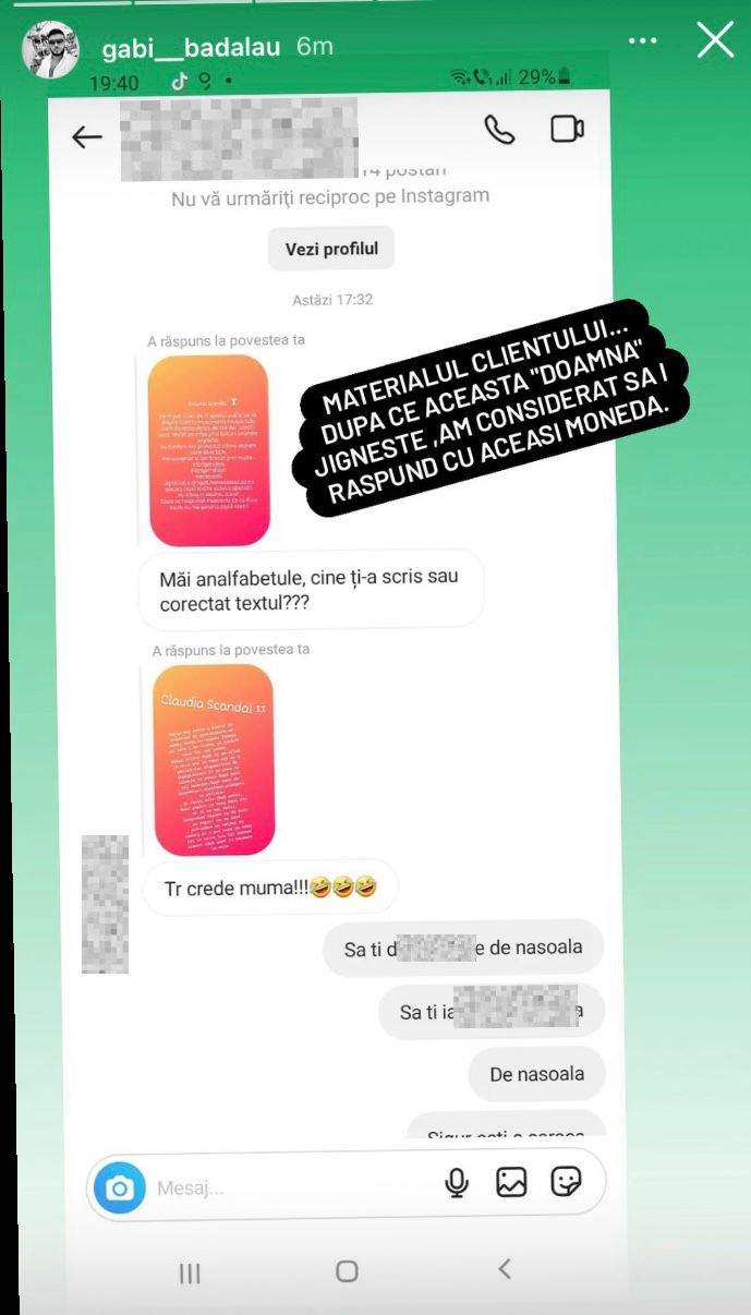 Reacția furibundă a lui Gabi Bădălău, după ce a fost făcut "analfabet”. Cum a înjurat o urmăritoare pe Instagram