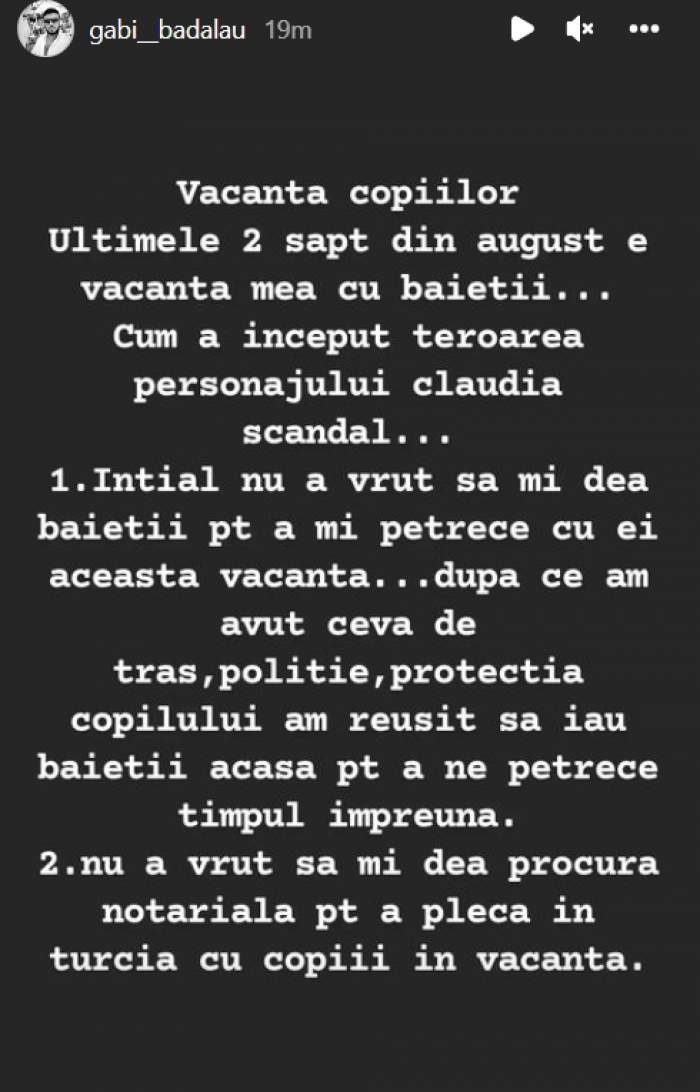 Gabi Bădălău, acuzații dure la adresa Claudiei Pătrășcanu. Cântăreața a anunțat poliția de frontieră să nu-l lase să iasă din țară cu copiii: ”Oare ce o mai duce capul?”