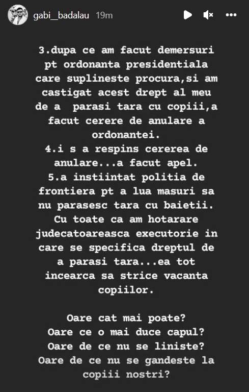 Gabi Bădălău, acuzații dure la adresa Claudiei Pătrășcanu. Cântăreața a anunțat poliția de frontieră să nu-l lase să iasă din țară cu copiii: ”Oare ce o mai duce capul?”