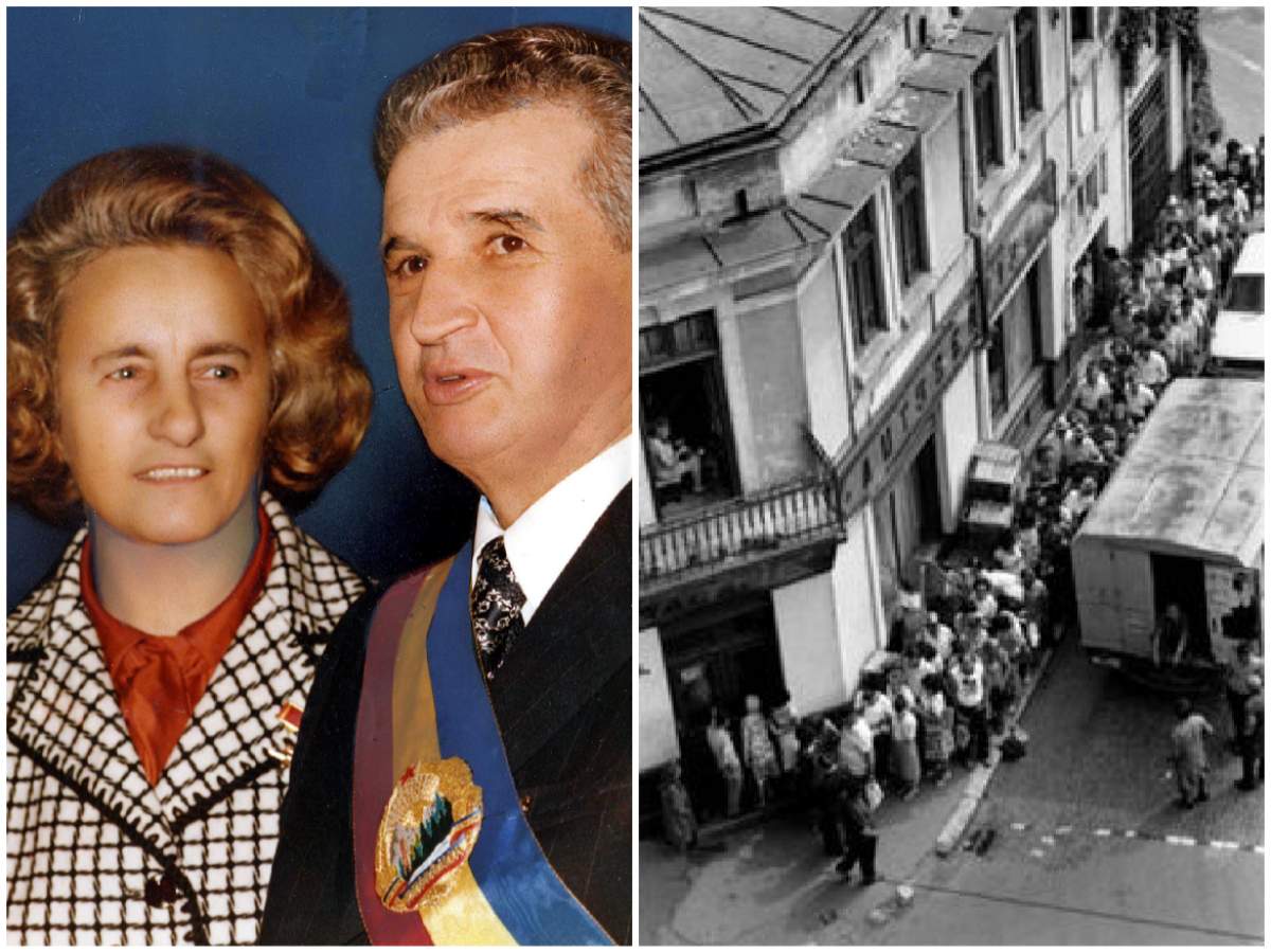colaj cu soții Ceaușescu și o coadă la magazin din vremea comunismului