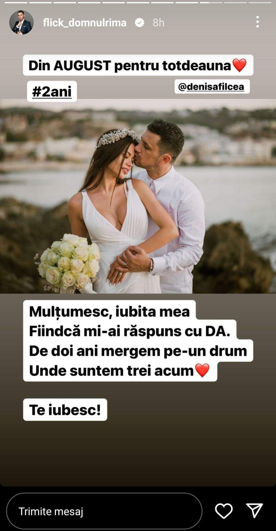 Flick și Denisa Filcea au împlinit 2 ani de când și-au unit destinele. Ce mesaje emoționante au postat: „Din august...” / FOTO