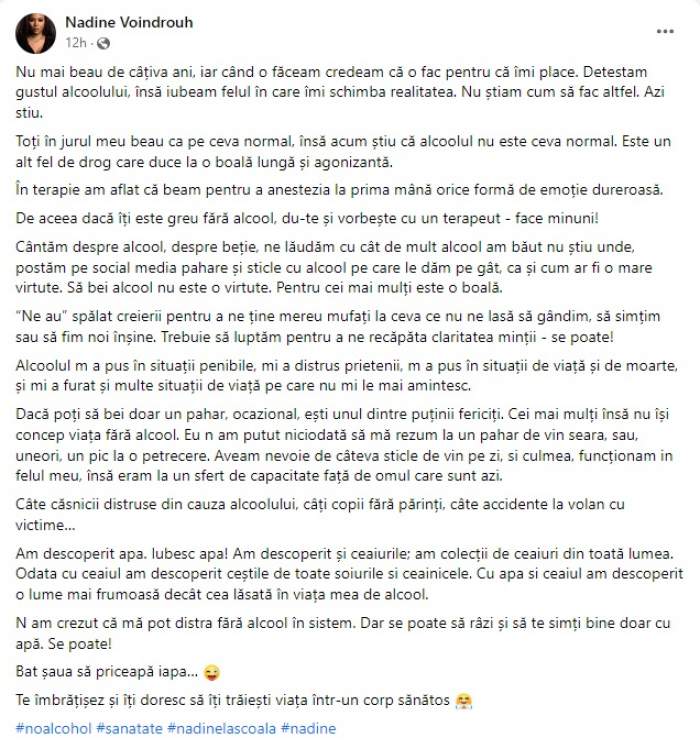 Nadine, despre situațiile penibile în care a fost pusă din cauza consumului de alcool: "Aveam nevoie de câteva sticle de vin pe zi"