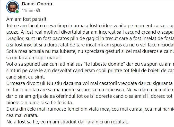 Daniel Onoriu a anunțat din nou că divorțează de soția lui, Isabela: ”O să-mi fac o iubită care să mă merite”