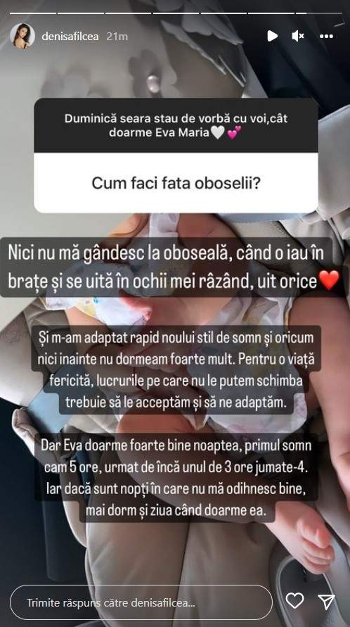 Cum se descurcă Denisa Filcea în rolul de mamă. Soția lui Flick nu se plânge de oboseală: „Mai dorm și ziua, când doarme ea”