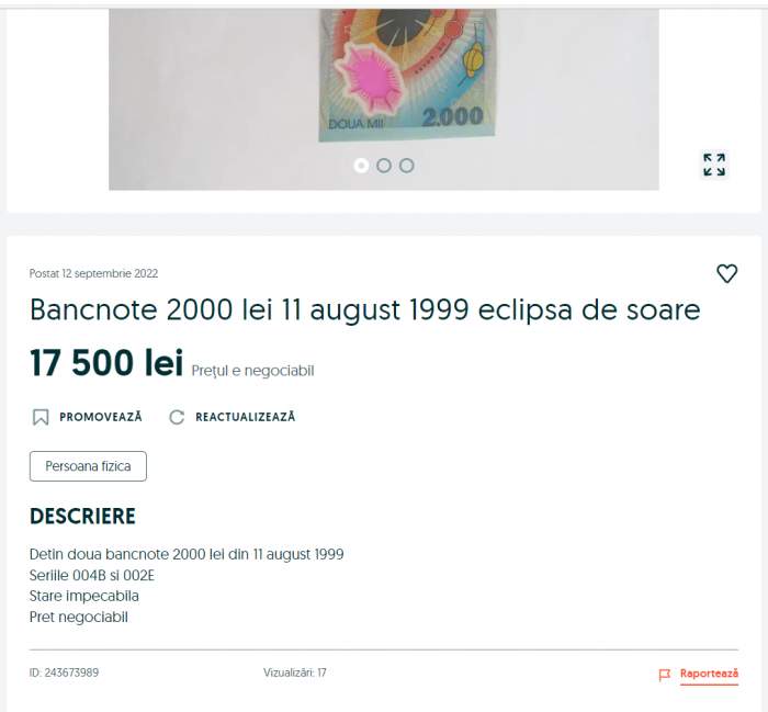 Bancnota cu eclipsa de soare din 1999 costă o mică avere.  Cu ce sumă se vinde pe OLX