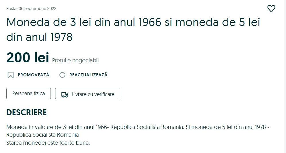 Moneda de 3 lei de pe vremea lui Nicolae Ceuașescu se vinde cu o sumă frumoasă pe OLX. Ce preț are acum