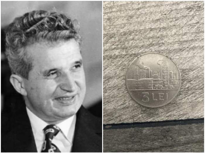 colaj cu Nicolae Ceaușescu și moneda de 3 lei