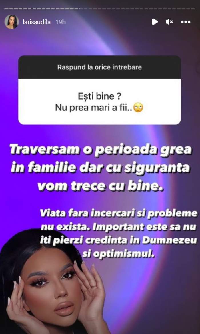 Probleme în familia Larisei Udilă. Ce a dezvăluit vedeta: „Traversăm o perioadă grea ...”