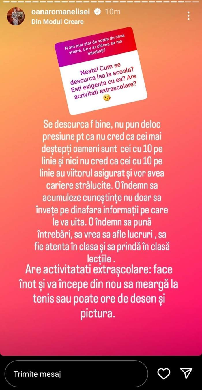 Cum o susține Oana Roman pe fiica ei, Isabela, la școală. Vedeta a dezvăluit secretul ei: „O îndemn să...”