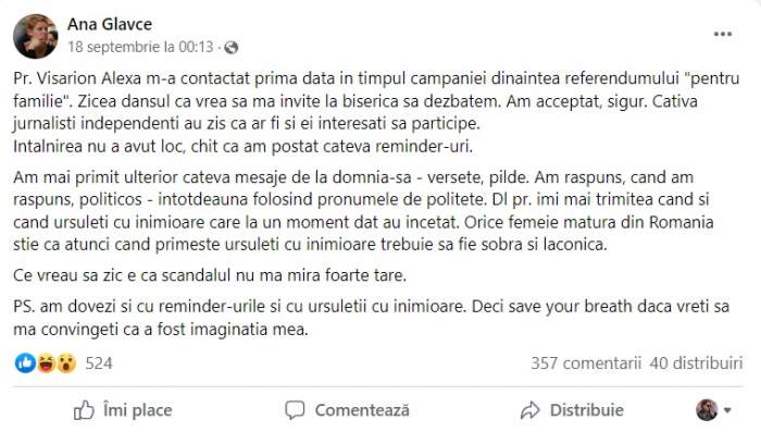 „Îmi trimitea ursuleţi cu inimioare”. O altă credincioasă intervine în scandalul „Visarion Alexa”. Femeia a vorbit despre gesturile exagerate ale părintelui