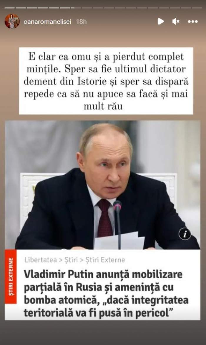 „Sper să dispară repede”. Mesajul Oanei Roman, după decizia lui Vladimir Putin de mobilizare parțială în Rusia. Ce spune vedeta