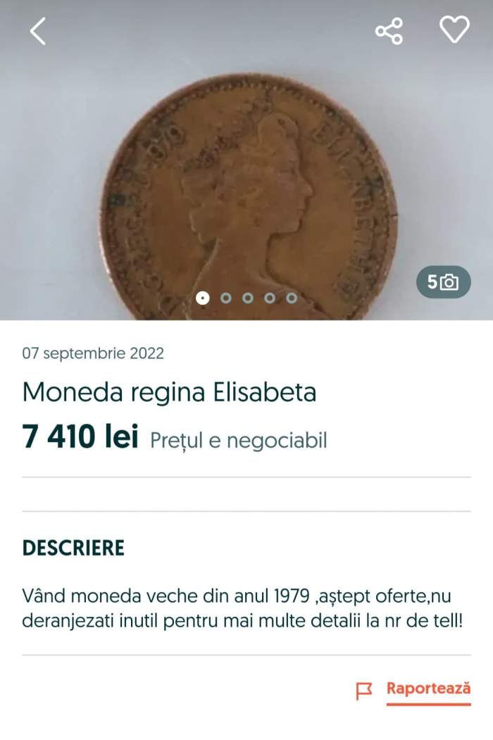 Moneda cu chipul Reginei Elisabeta se vinde cu o sumă fabuloasă pe OLX. Ce preț are