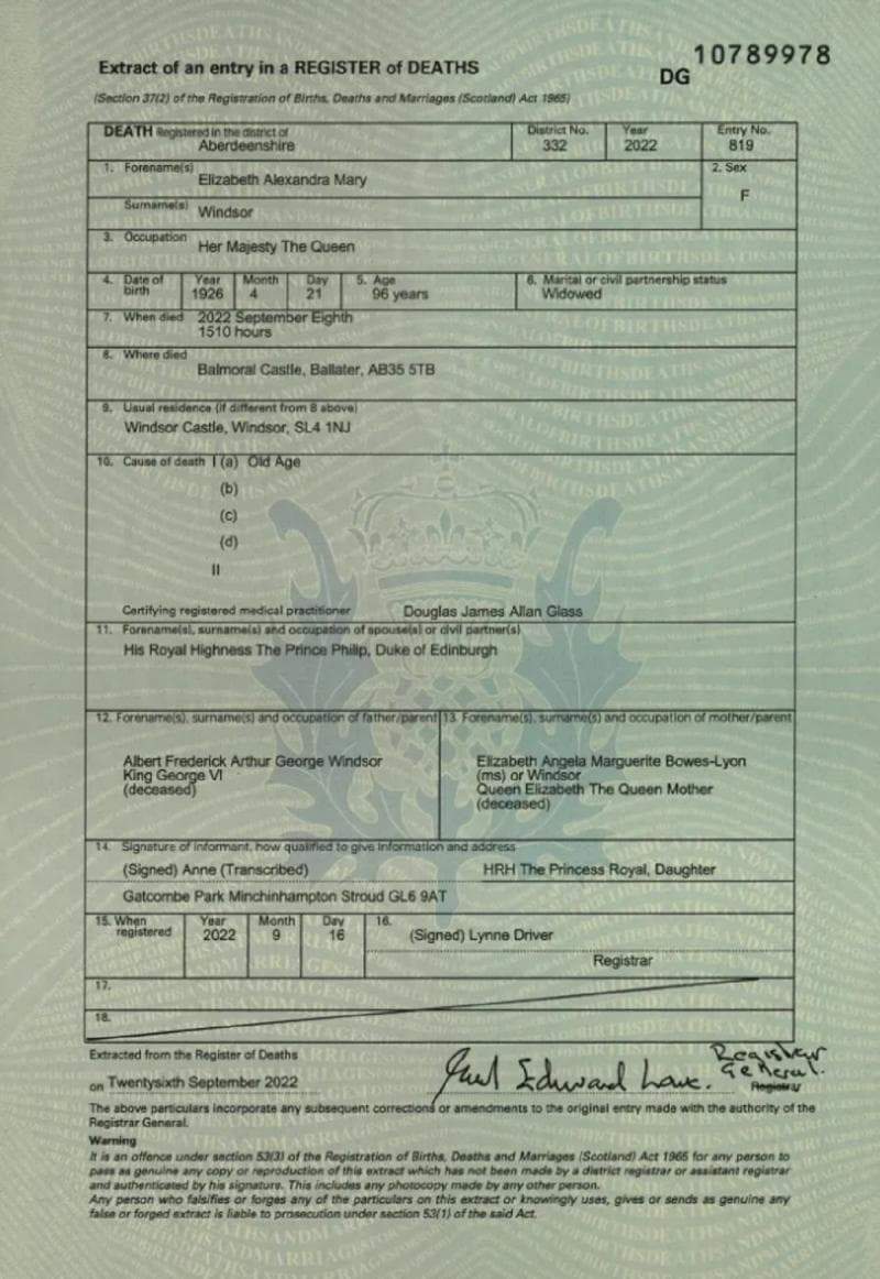 Certificatul de deces al Reginei Elisabeta, publicat de autoritățile britanice. Ce scrie la cauza morții