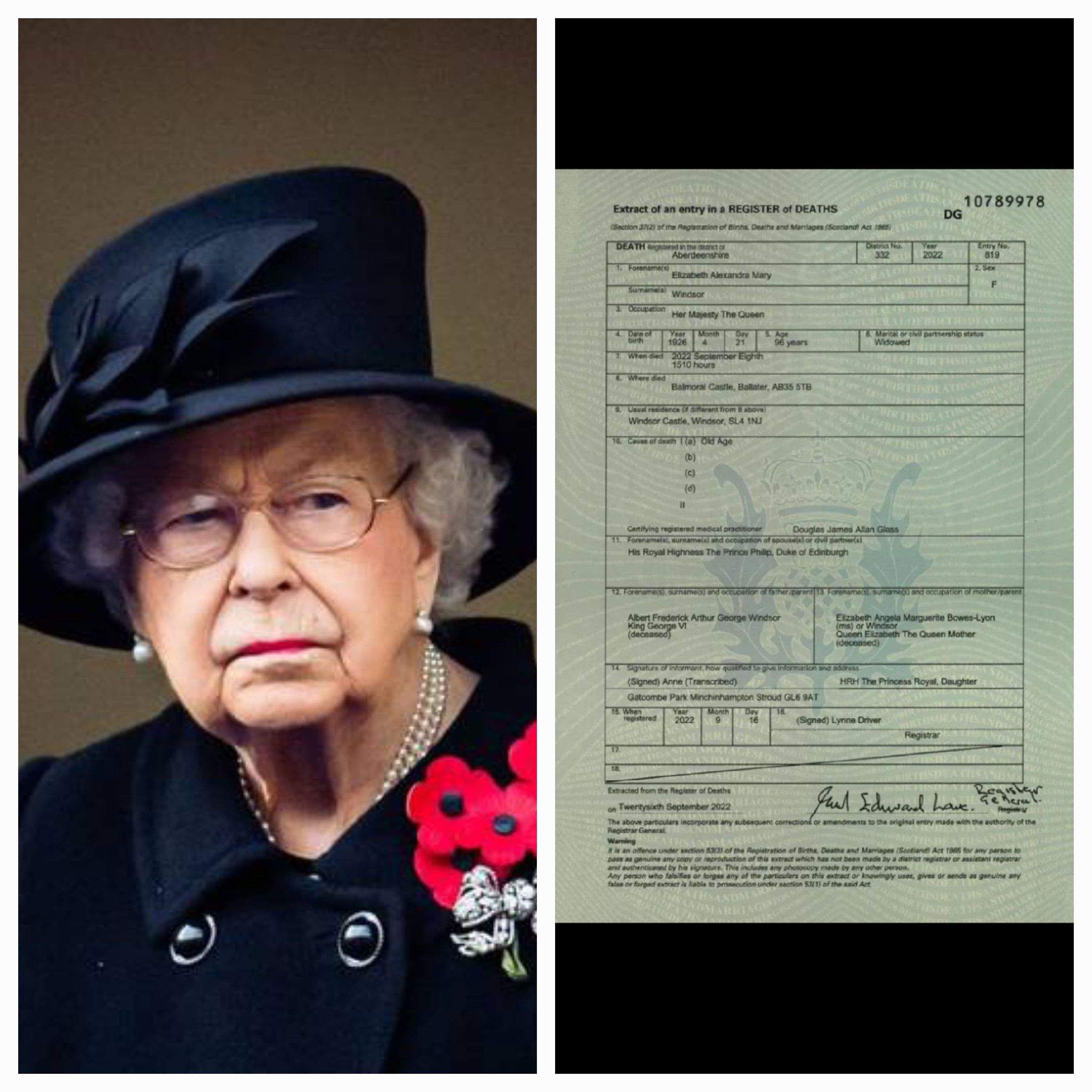 Certificatul de deces al Reginei Elisabeta, publicat de autoritățile britanice. Ce scrie la cauza morții