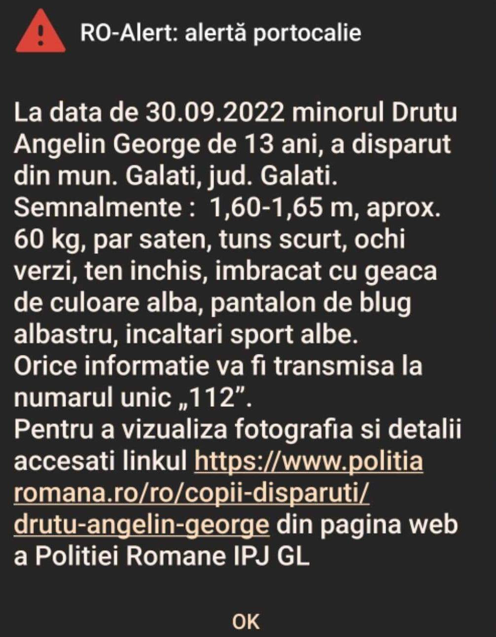 Druțu Angelin George, din Galați, a fost găsit. Pentru el a fost emis mesaj Ro Alert