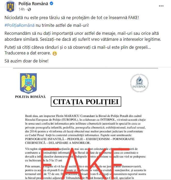 Avertisment de la Poliția Română! Circulă un nou tip de înșelăciune în mediul online: "Nu trimitem astfel de email-uri"