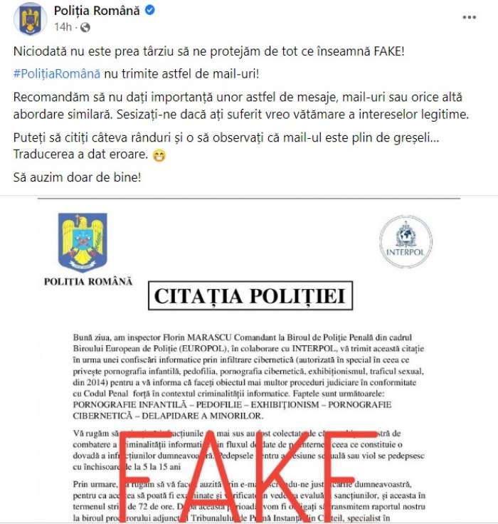 Avertisment de la Poliția Română! Circulă un nou tip de înșelăciune în mediul online: "Nu trimitem astfel de email-uri"