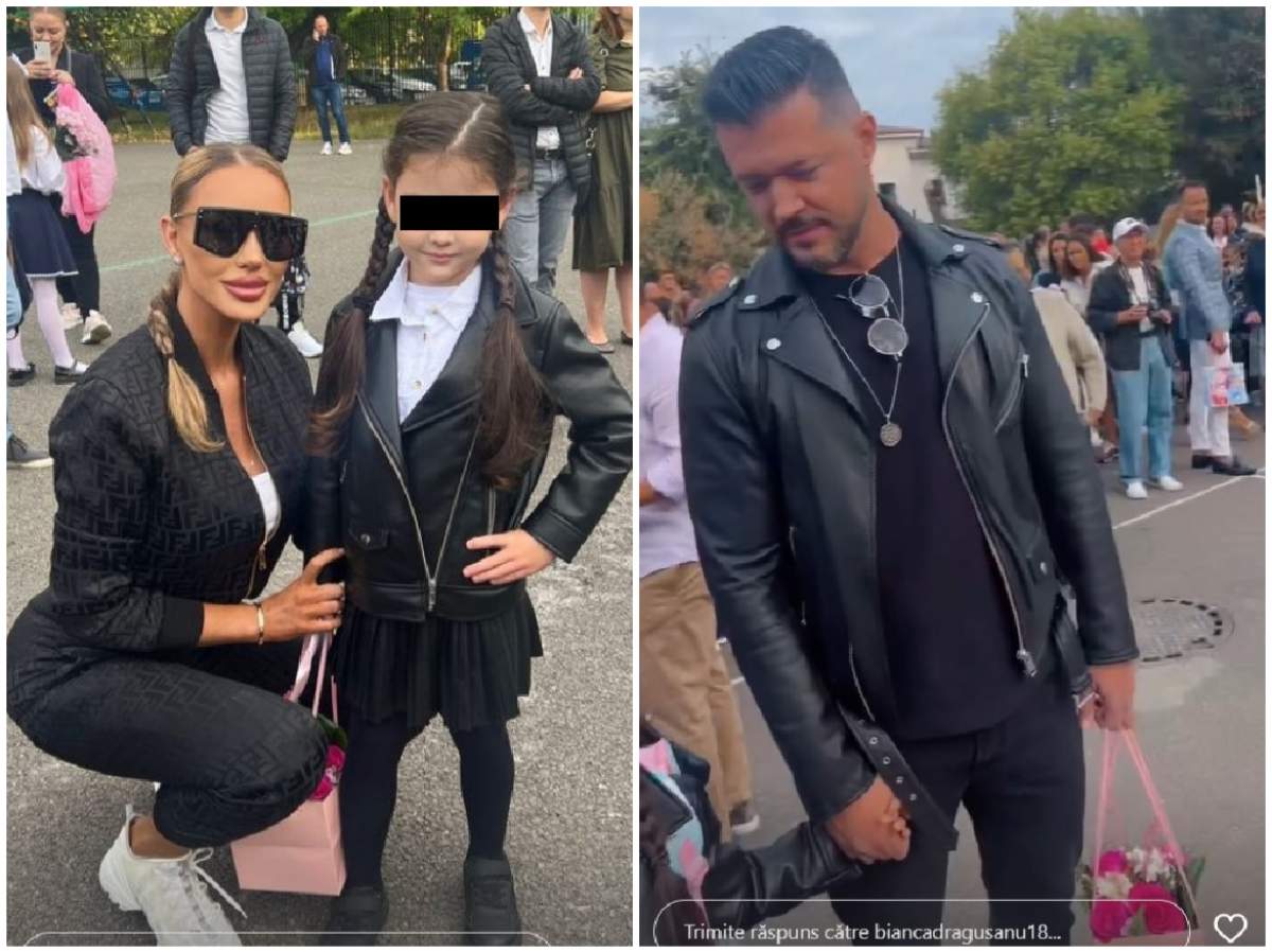 Colaj cu Bianca Drăgușanu, Victor Slav și fiica lor, în prima zi de școală