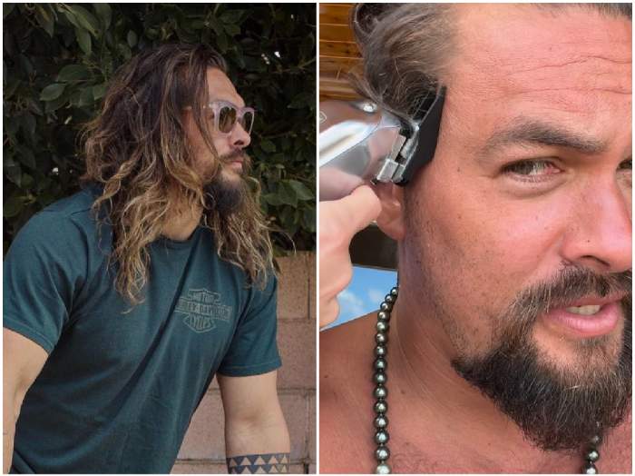 Jason Mamoa cu păr lung și în timp ce se tunde