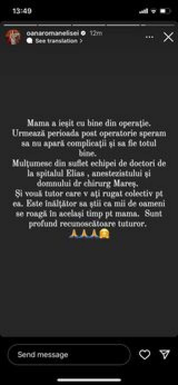 Oana Roman, noi detalii despre starea de sănătate a mamei sale. Cum a decurs operația la care a fost supusă: “Sperăm să nu apară complicații” / FOTO