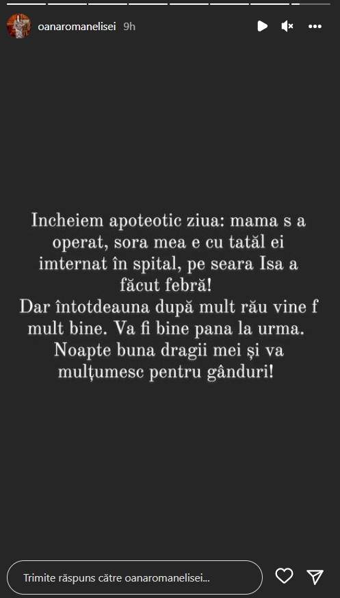 Familia Oanei Roman, lovită de probleme de sănătate. Ce s-a întâmplat, după operația mamei ei: „Încheiem apoteotic ziua”