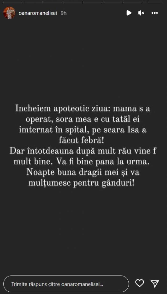 Familia Oanei Roman, lovită de probleme de sănătate. Ce s-a întâmplat, după operația mamei ei: „Încheiem apoteotic ziua”