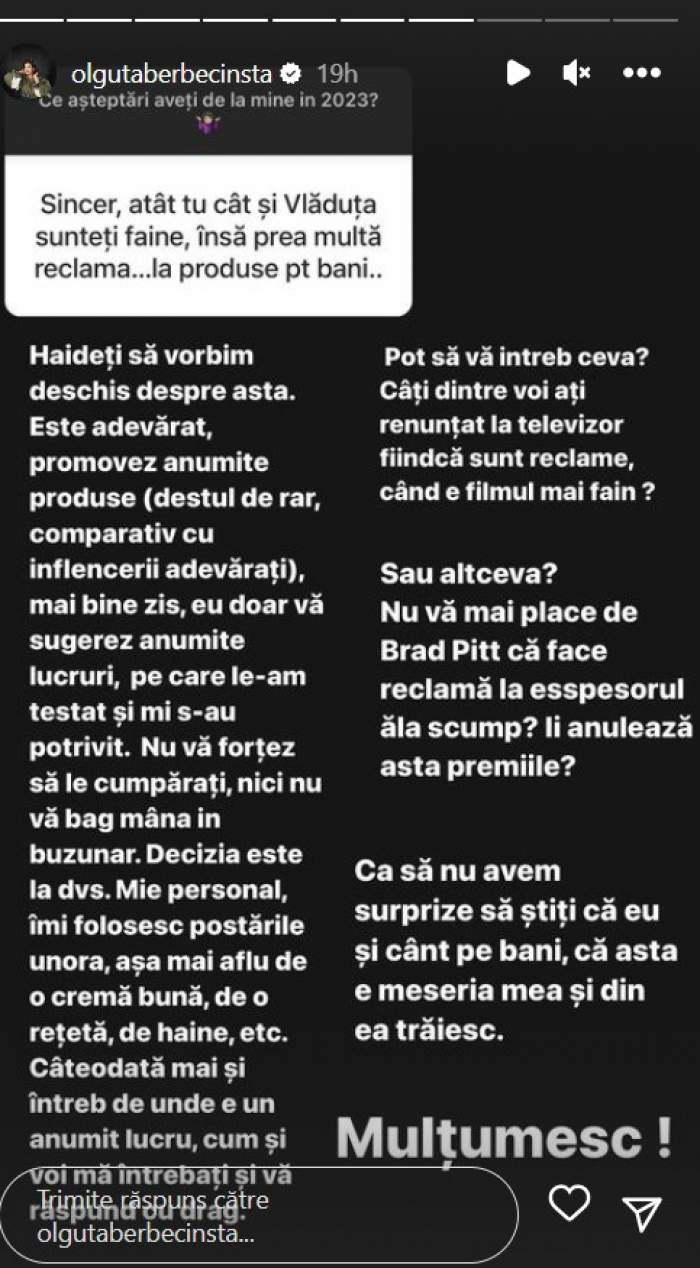 „Să știți că eu și cânt pe bani”. Mesajul Olguței Berbec pentru o fană. Ce a transmis după ce i s-a reproșat că face reclame la diverse produse