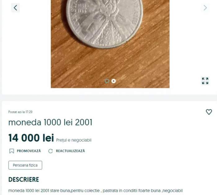 Moneda de 1000 de lei se vinde cu o sumă fabuloasă pe OLX. Care este prețul ei acum