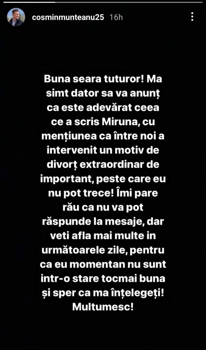 Ce a transmis Cosmin de la Mireasa, după ce Miruna a anunțat că nu mai formează un cuplu: „Între noi a intervenit un...” / FOTO