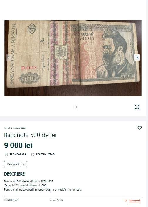 Bancnota de 500 lei se vinde cu o sumă impresionantă pe OLX, în 2023. Ce preț are acum / FOTO