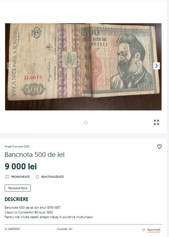 Bancnota de 500 lei se vinde cu o sumă impresionantă pe OLX, în 2023. Ce preț are acum / FOTO