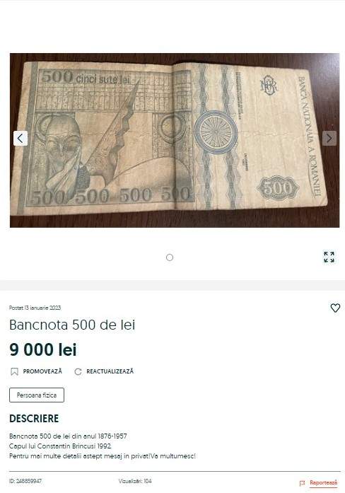 Bancnota de 500 lei se vinde cu o sumă impresionantă pe OLX, în 2023. Ce preț are acum / FOTO