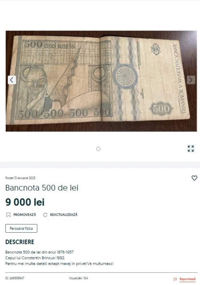 Bancnota de 500 lei se vinde cu o sumă impresionantă pe OLX, în 2023. Ce preț are acum / FOTO