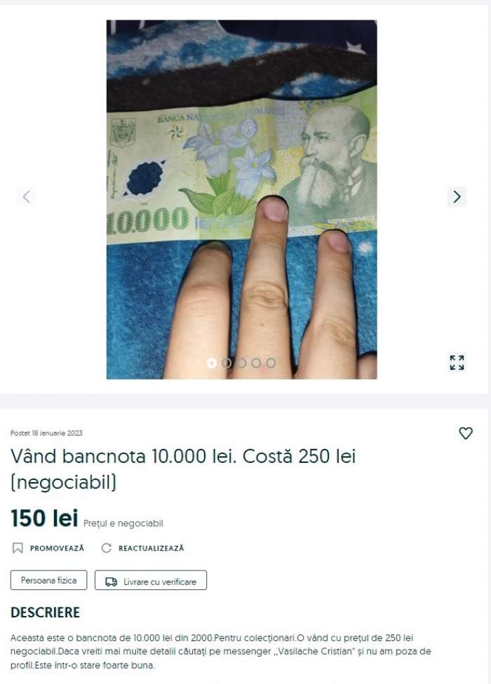 Bancnota de 10.000 lei se vinde cu o sumă frumoasă pe OLX. Ce preț are în 2023