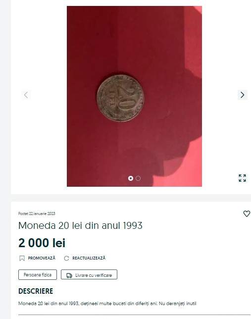 Moneda de 20 de lei se vinde cu o sumă frumoasă pe OLX, în 2023. Ce preț are acum