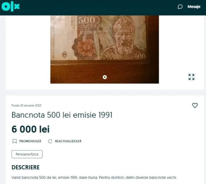 Bancnota de 500 lei, cu chipul lui Constantin Brâncuși, se vinde cu o sumă frumoasă pe OLX. Ce preț are în 2023