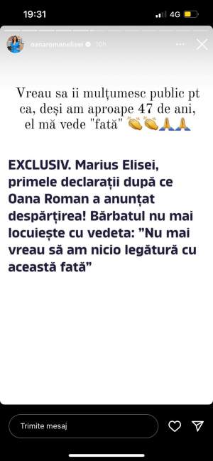 Reacția acidă a Oanei Roman după ce Marius Elisei a declarat, în exclusivitate pentru Spynews.ro, că nu mai vrea să aibă nicio legătură cu ea: ”Vreau să...”