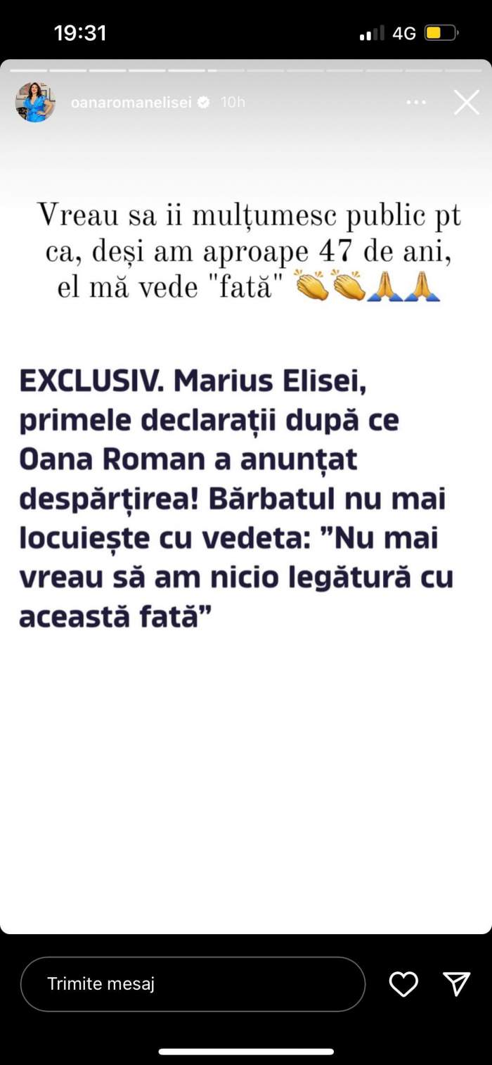 Reacția acidă a Oanei Roman după ce Marius Elisei a declarat, în exclusivitate pentru Spynews.ro, că nu mai vrea să aibă nicio legătură cu ea: ”Vreau să...”