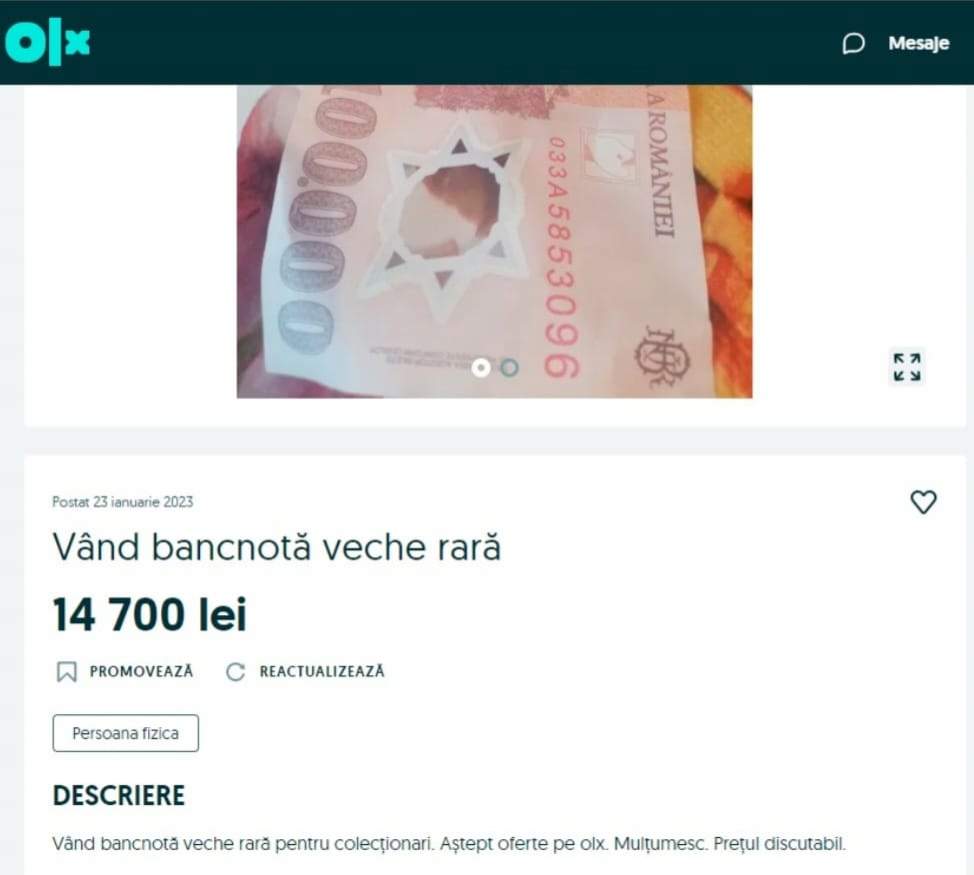 Bancnota de 100.000 lei se vinde cu o sumă uriașă pe OLX. Ce preț are în 2023