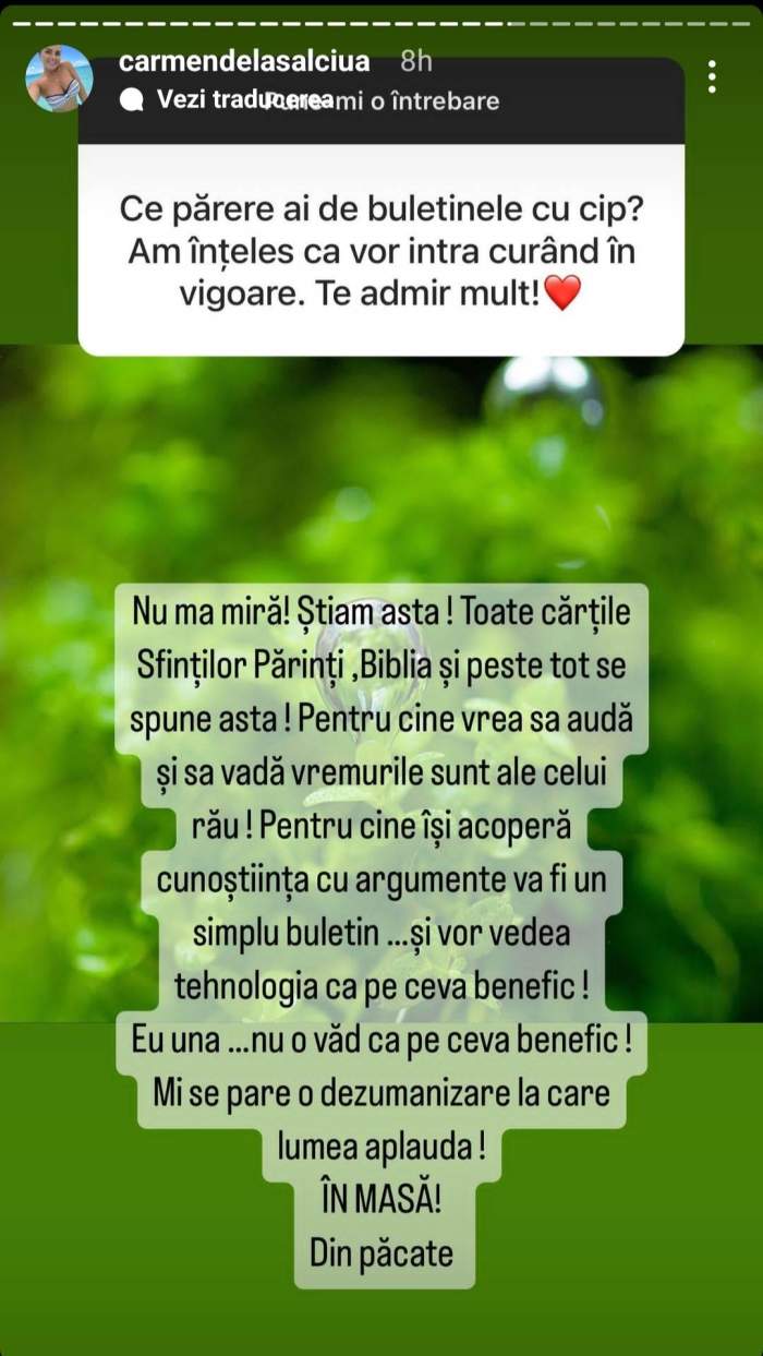 Carmen de la Sălciua, revoltată din cauza buletinelor cu cip. Artista a spus că sunt împotriva credinței: ”Mi se pare o dezumanizare”