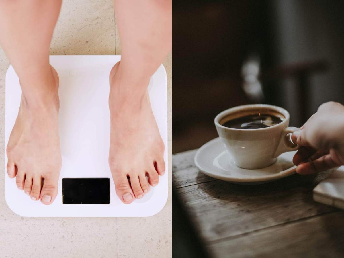 Cafeaua are nevoie de un ingredient ieftin dacă vrei să slăbești. O femeie pe un cântar și o cafea.