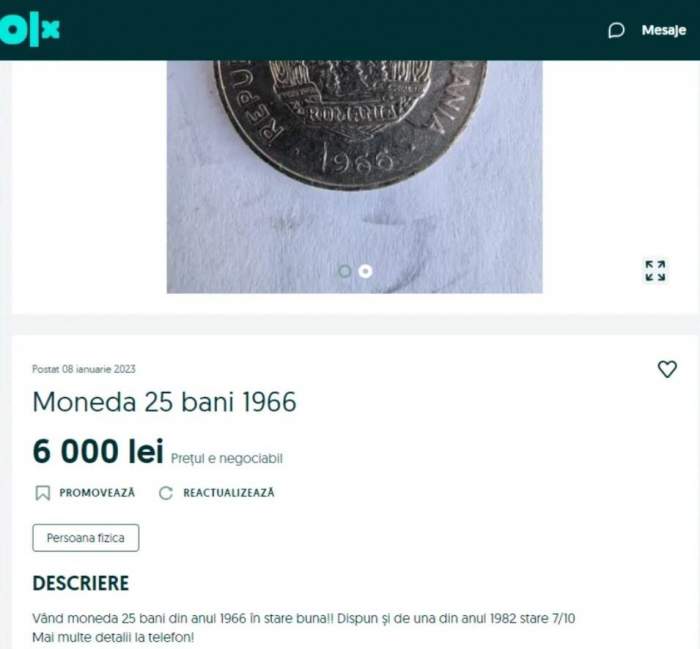 Moneda comunistă de 25 de bani se vinde cu o sumă frumoasă pe OLX. Ce preț are acum