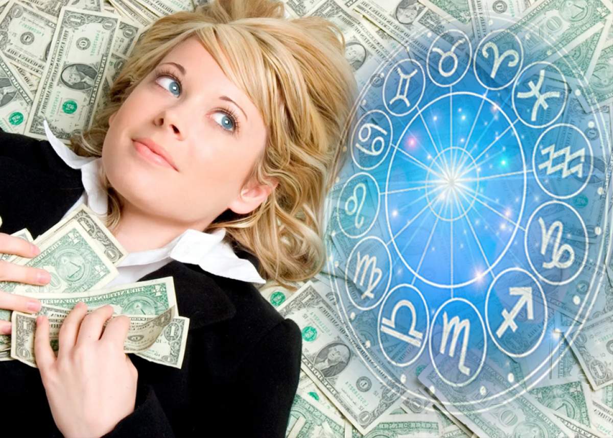 Machetă foto cu zodiile din horoscop și o persoană care stă cu banii pe piept