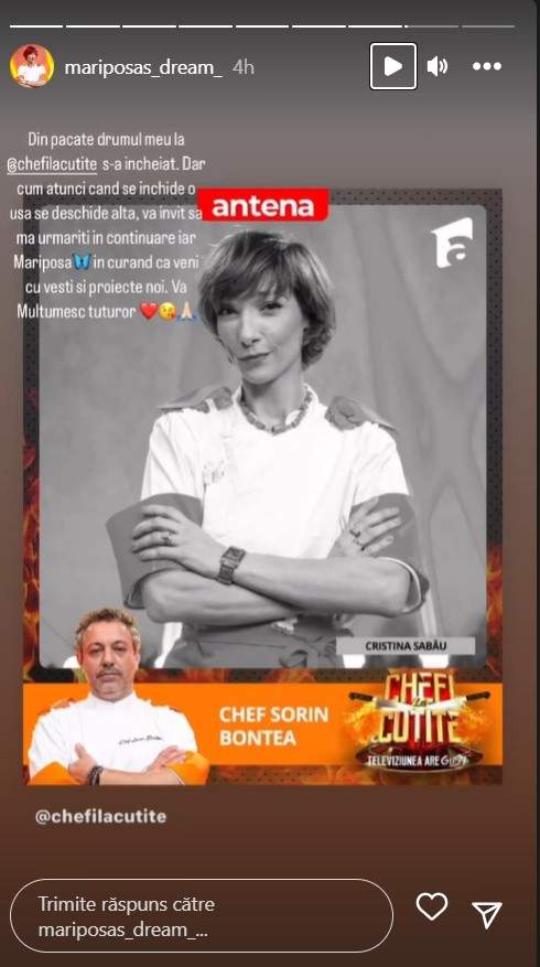 Ce a postat Cristina Sabău de la Chefi la cuțite, după ce a fost eliminată. Mariposa are planuri mari: „Surprizele vor continua să apară” / FOTO