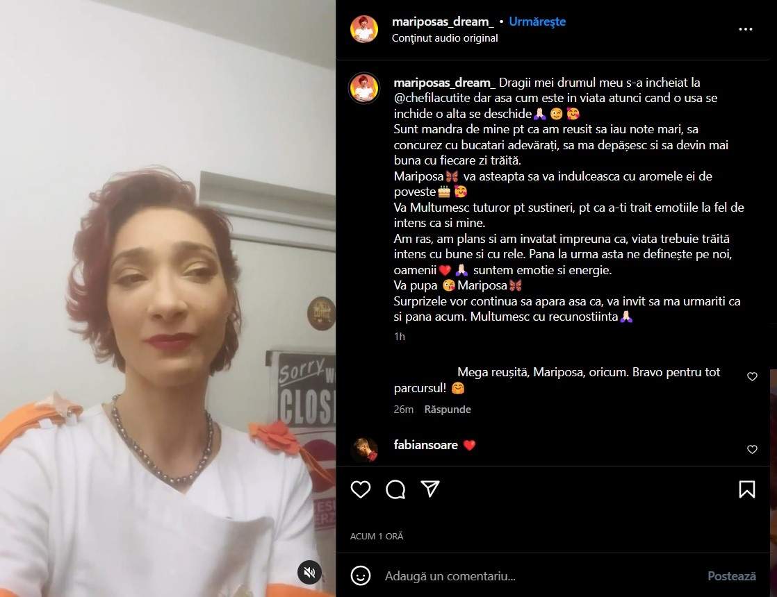 Ce a postat Cristina Sabău de la Chefi la cuțite, după ce a fost eliminată. Mariposa are planuri mari: „Surprizele vor continua să apară” / FOTO