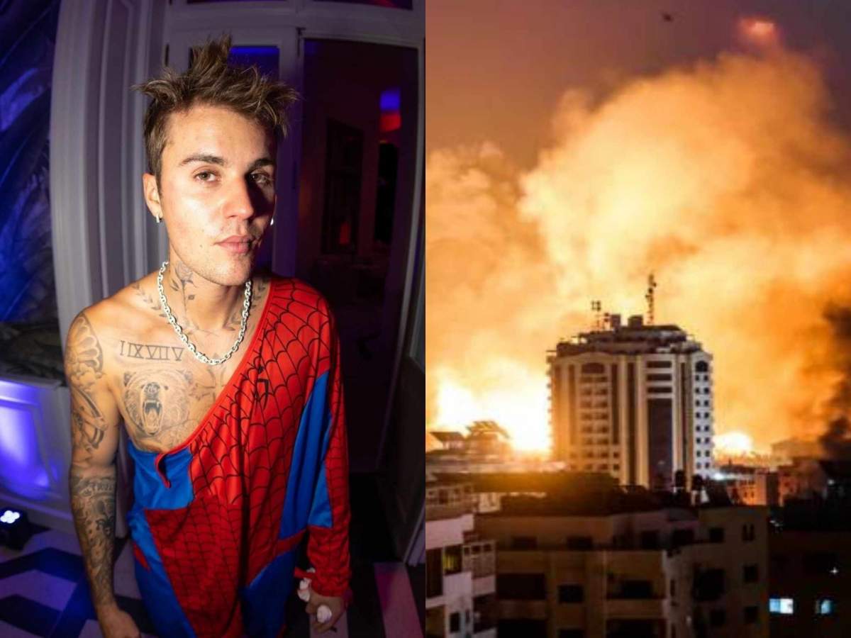 Justin Bieber cu costumul lui Spiderman și o imagine cu războiul din Israel