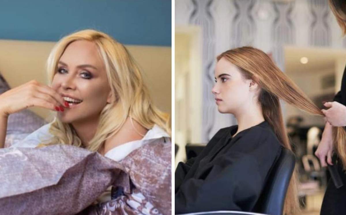 O clientă pe scaun la un coafor cu o femeie care se pregătește să îi tundă părul O femeie la coafor se pregătește să tundă părul lung al clientului în salon