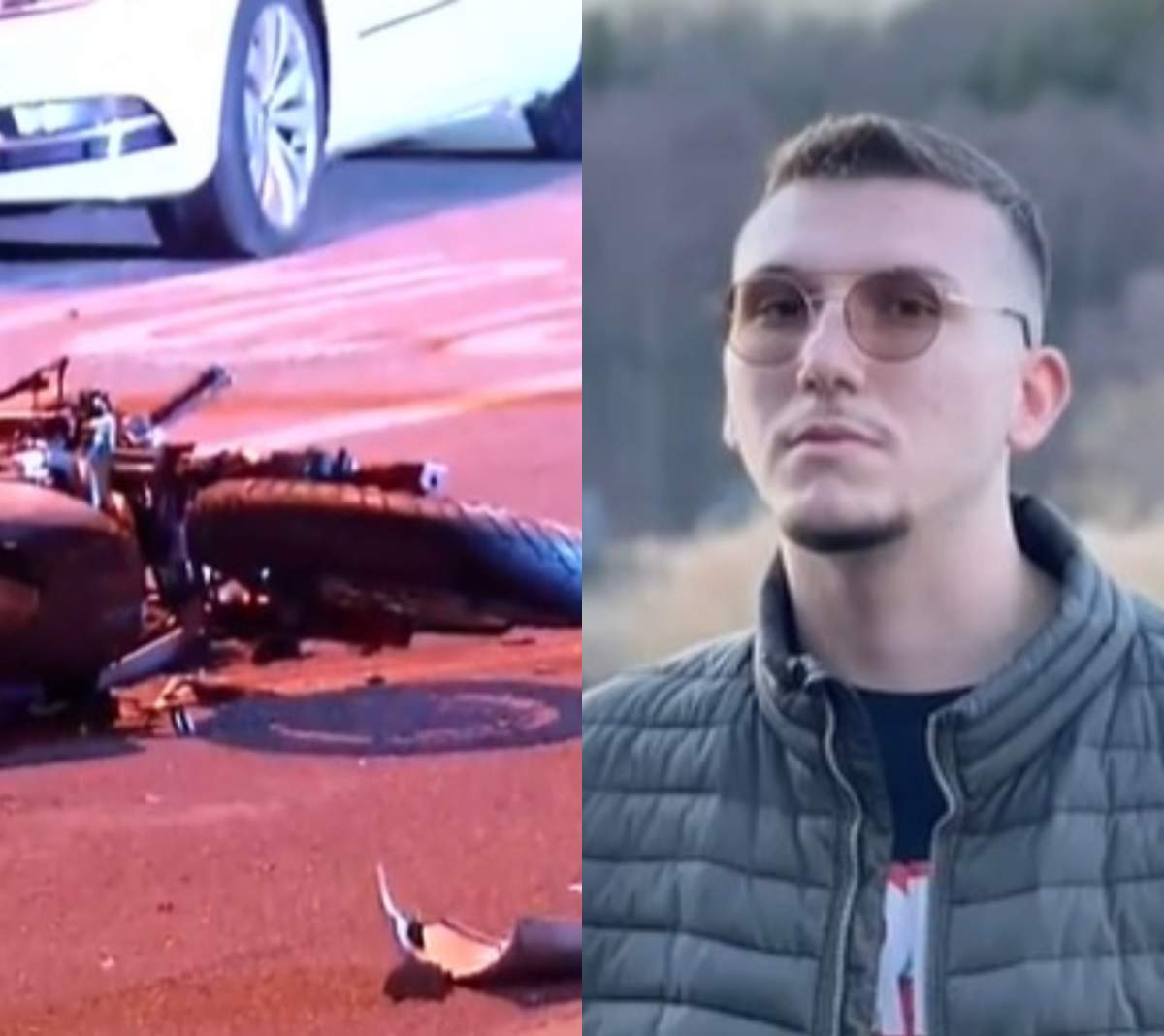 colaj din doua poze motocicleta lovita masina si tanarul mort in accident